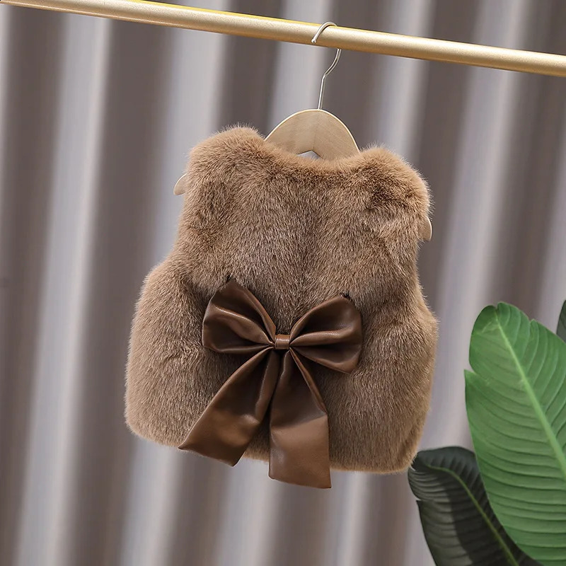 Girls Faux Fur Vest Autumn Winter Fashionable Bow Waistcoat Jackets Children Clothing Sweet Cotton Coats 2-12 Years 250823