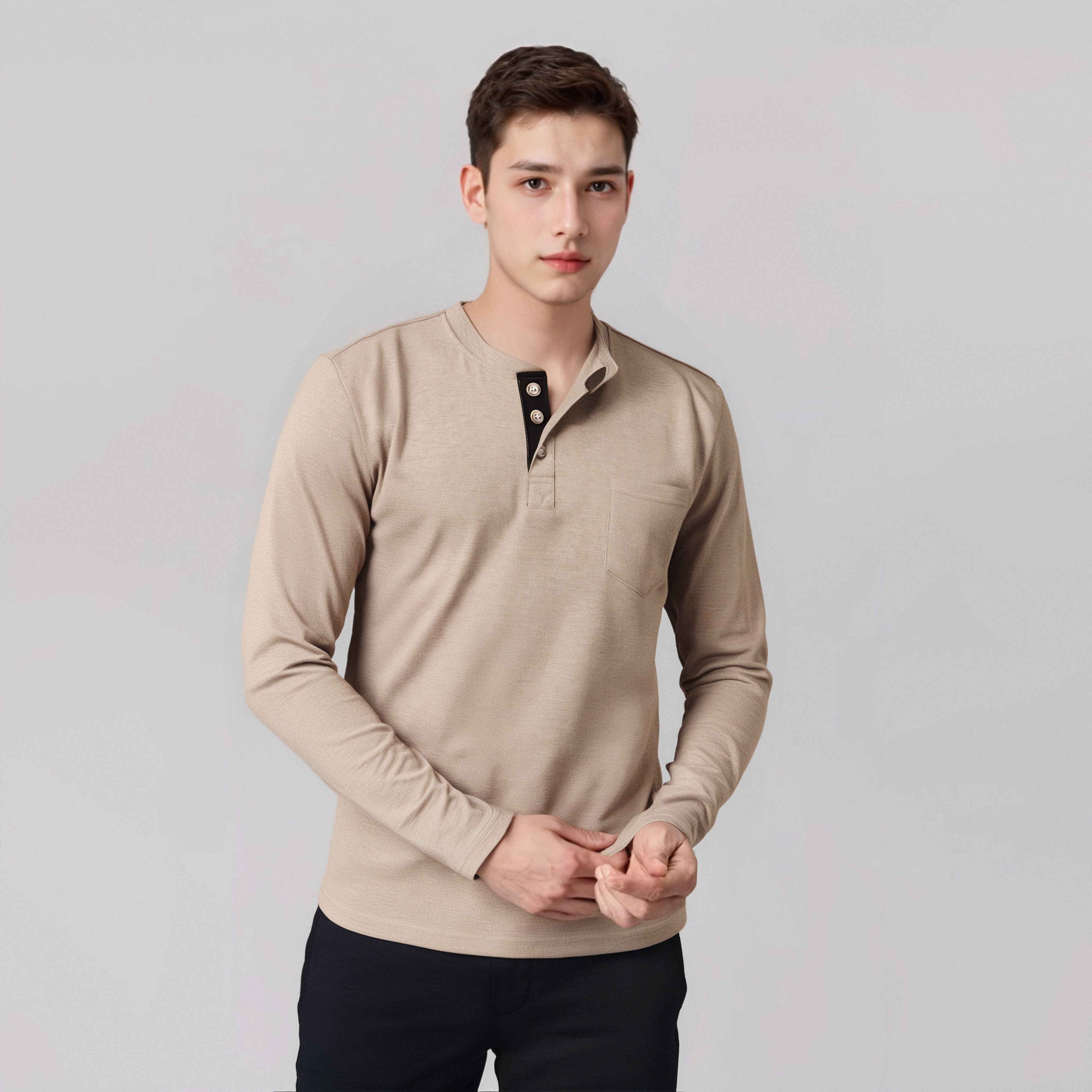 Men's Henley Long Sleeve Shirt, Light Brown Casual Cotton Tee with Chest Pocket
