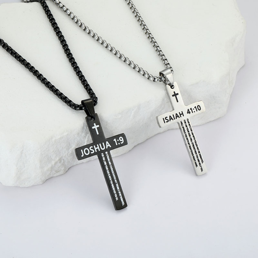 Stainless Cross Necklace Titanium Steel Pendant Laser Engraved Simple Black