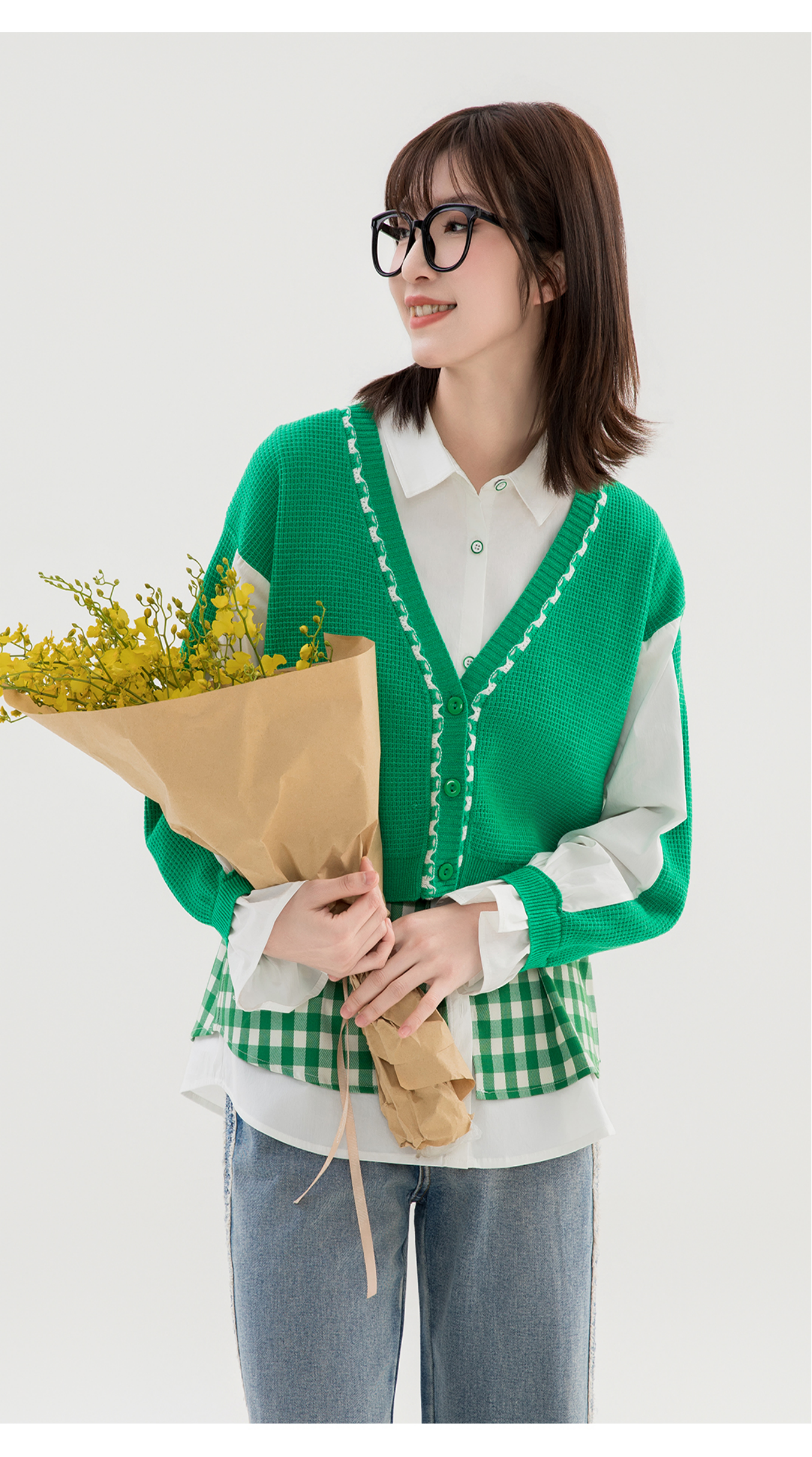 Women's Autumn Knit Patchwork Shirt with Color Block Design - Loose Fit Long Sleeves - S32523