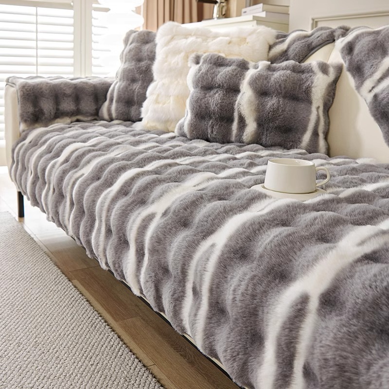 Camellia Rabbit Fur Gradient Color Covers For Sofa, aux Fur Cover, Luxury Soft Faux Fur Fleece Sofa Cover Cover,Non-Slip Cover Protector