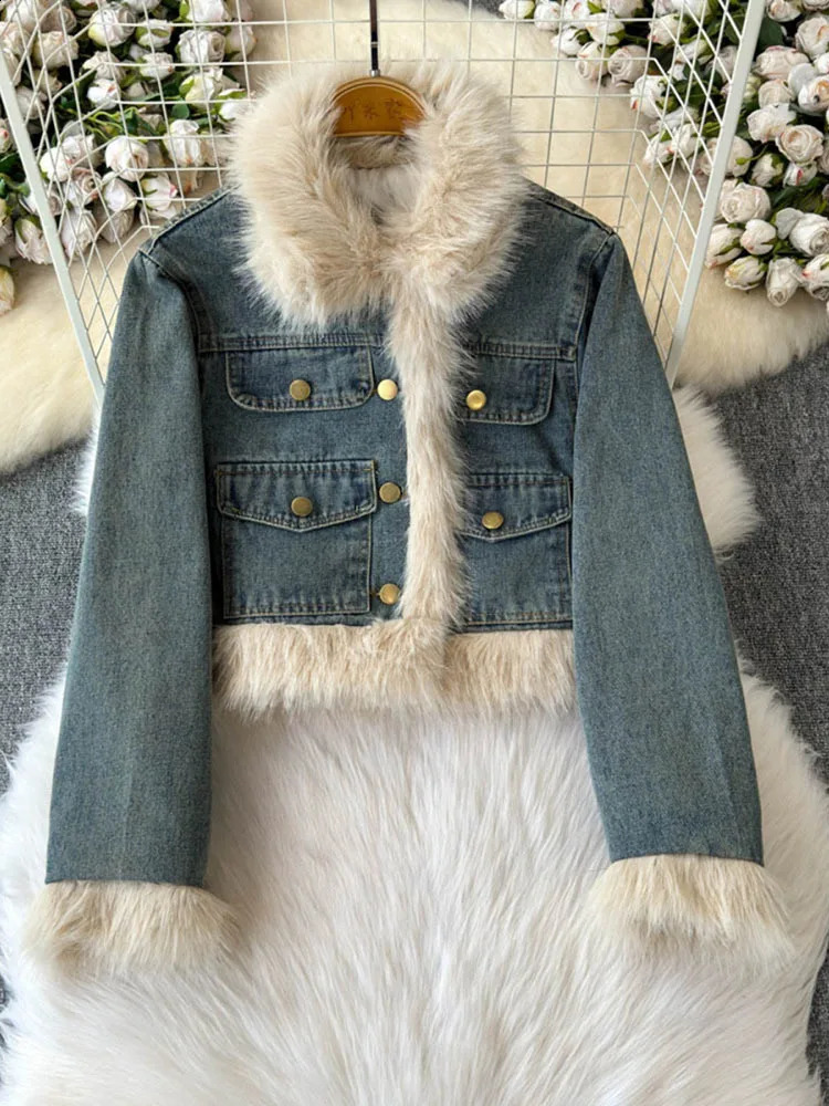 Denim Skirt Sets Women Fur Collar Vintage Jackets Cropped Coat Fashion Pockets Jean Skirt 2 Piece Sets Womens Outifits 250823