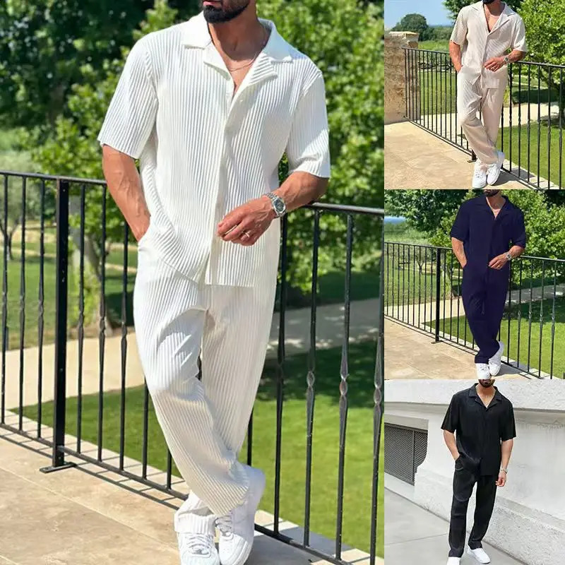 S3XL 4color summer casual fashion plain striped suit for men style complete shortsleeved trousers 250823