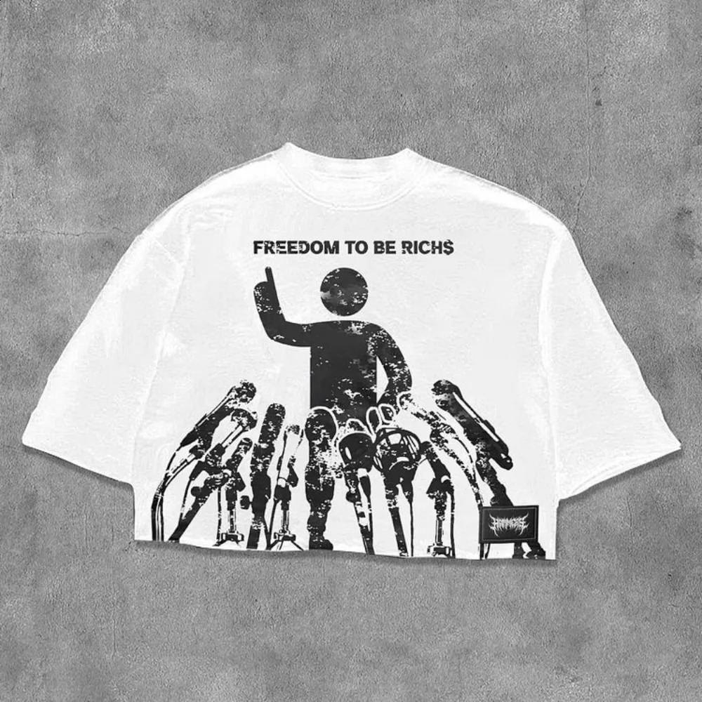 Freedom To Be Rich Graphics Cotton Cropped T-Shirts Men Y2K Summer Short Sleeves Vintage Oversize Tshirt Streetwear Women Tops 250823
