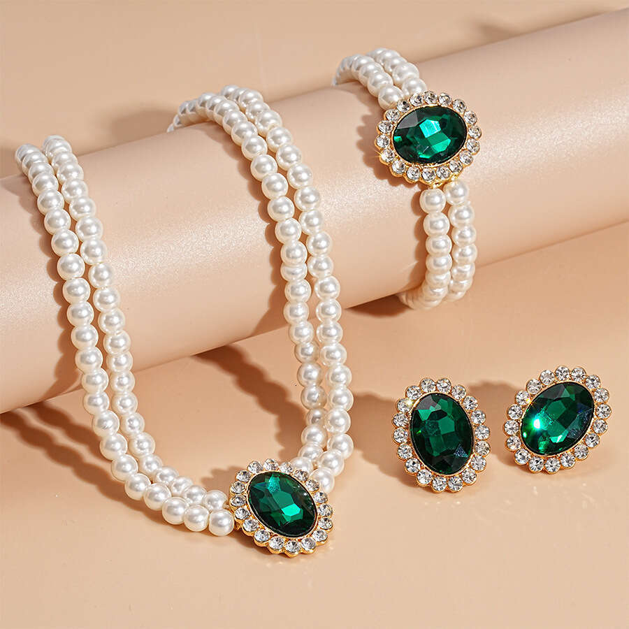 love ring Luxury Love Pearl Earrings Exaggerated Noble Necklaces Emerald Heart Danglers Jewelry Sets Birthday Gift Anniversary