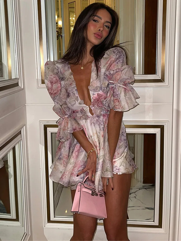 Sweet V Neck Printed Flare Sleeve Mini Dress Elegant Pleated Hollow Out Aline Gown Female Holiday Dinner Party Vestido 2025 250822
