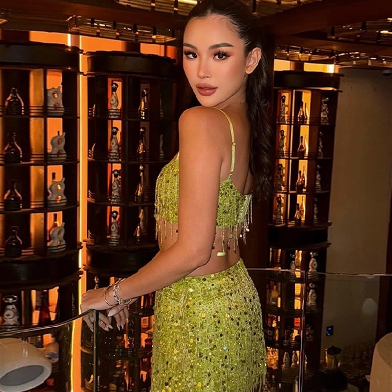 Tassel Sequined Short Tops Skirts Sets Women Green Sling Crop Vest Glitters High Waist Mini Skirt Sexy Club Lady 2 Pieces Set 250823