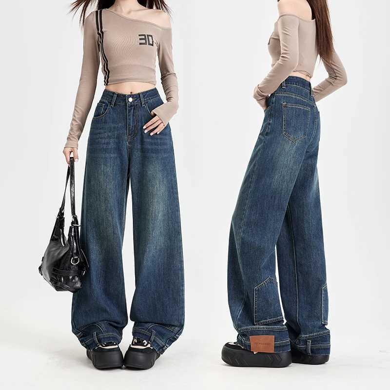 Ins Fashion American Retro Baggy High Waisted Jeans Woman High Street Denim Pants Reversible Trousers Streetwear Y2K Loose Jeans H250822