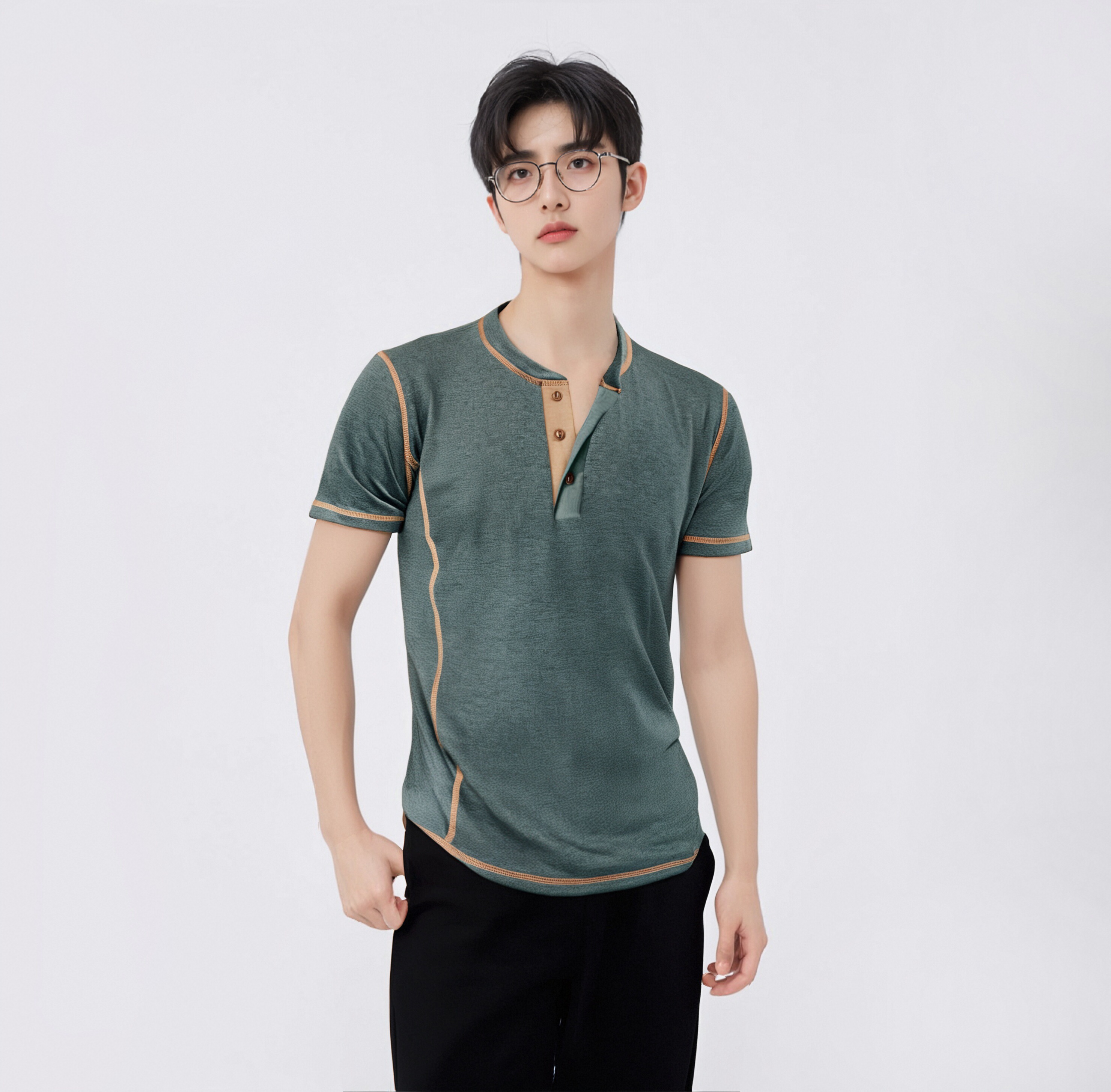 Men's Short - Sleeve Henley Shirt, Burgundy with Contrast Trim and Button Placket