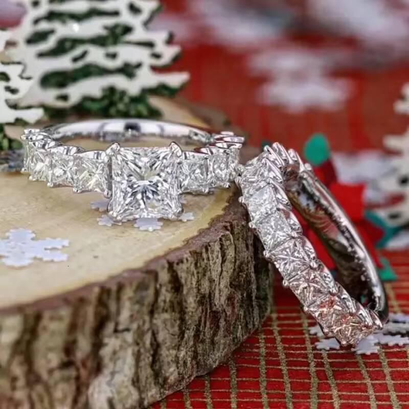 CAOSHI Wholesaler Luxury Jewelry 2pcs Set Silver Plated Zircon Wedding Couple Rings Women Wedding Asscher Cut Moissanite Rings