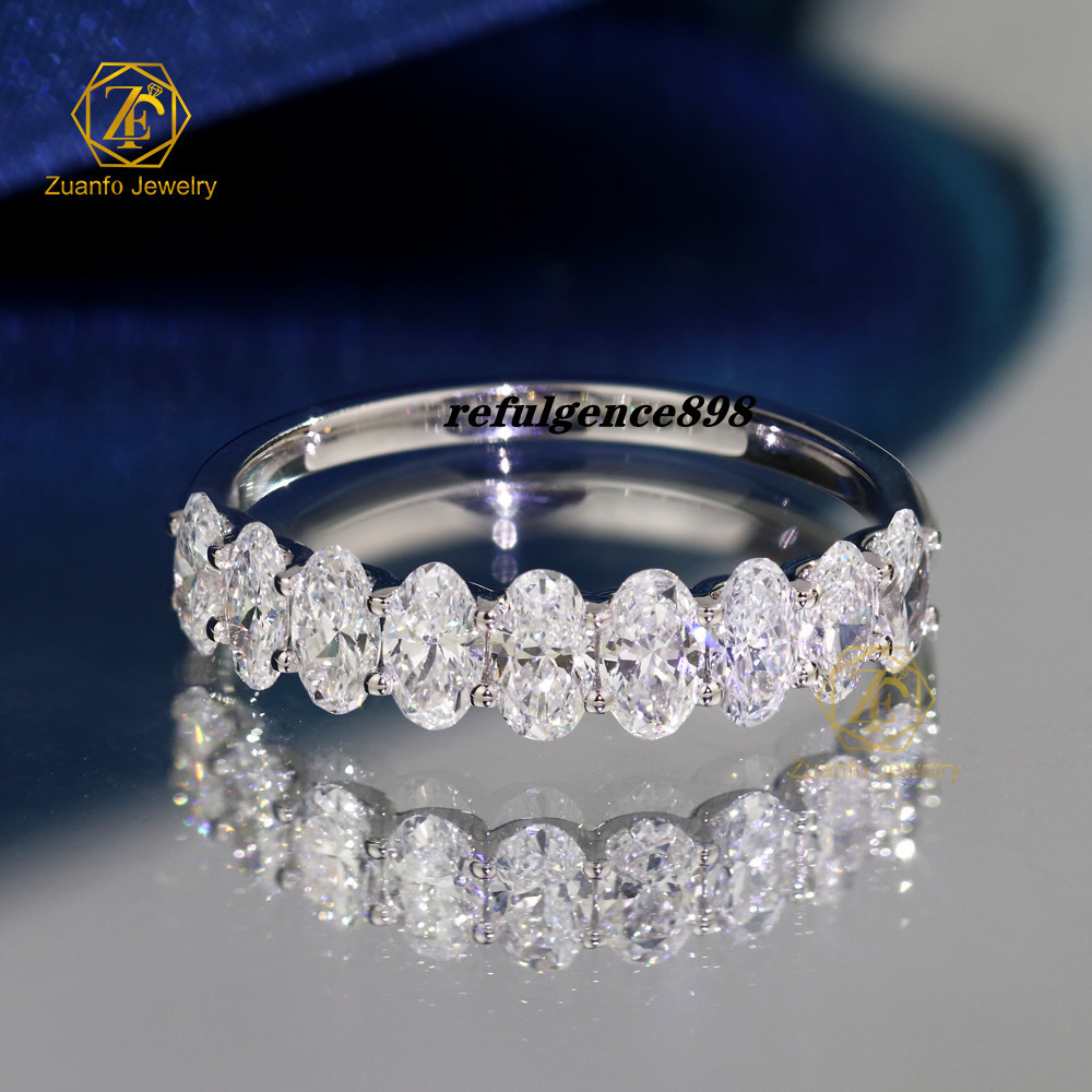 Romantic Style 14K Solid Gold Wedding Band New Trendy 3x5mm Oval Cut Moissanite Half Eternity Finger Ring for Women