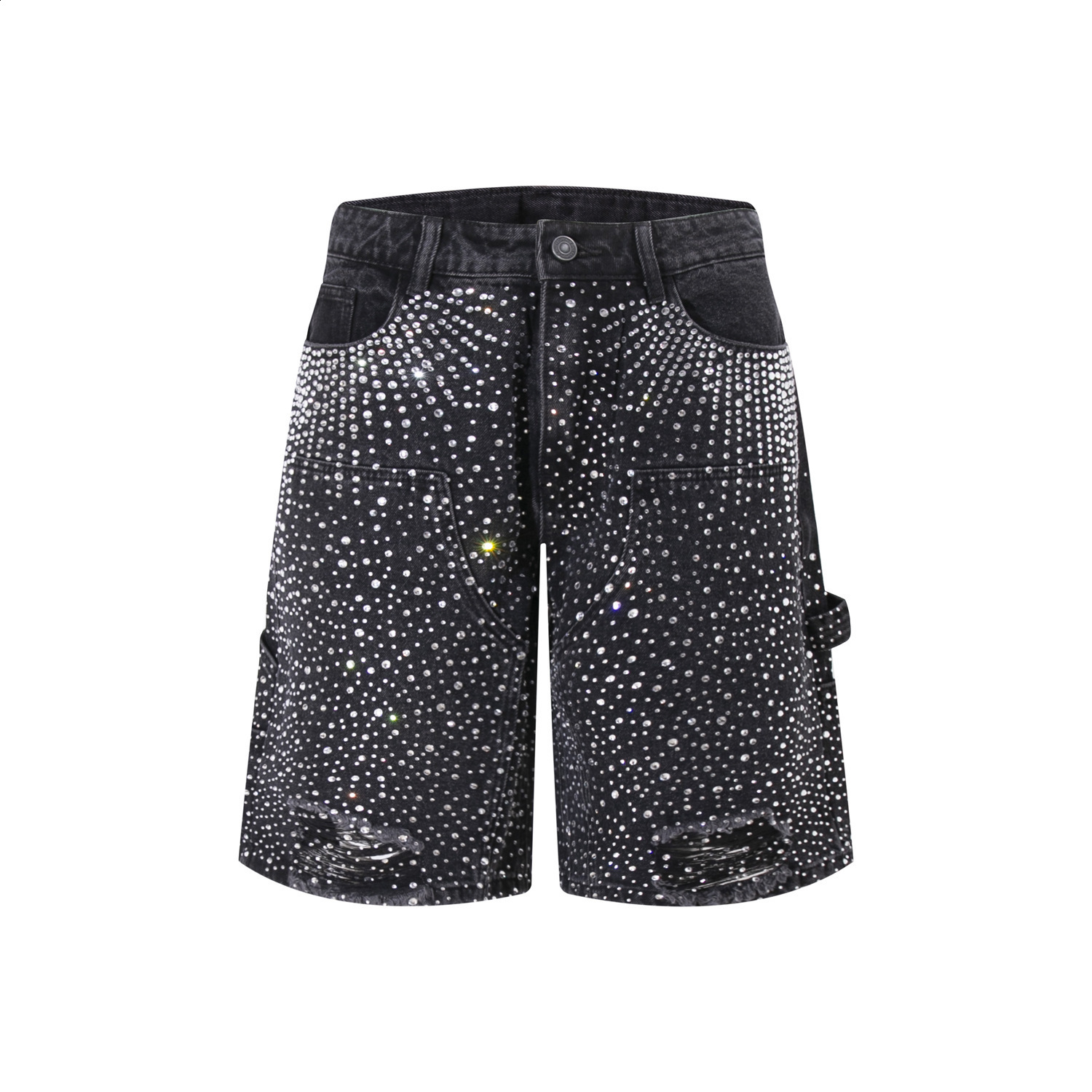 Peerage Y2k vintage rhinestone wash wide leg bag long Jorts mens streetwear excessive wear black gray loose denim jeans shorts 250109