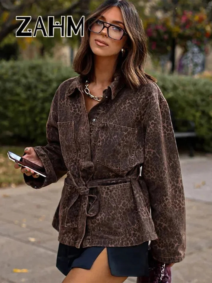 Leopard Print Jackets Women Casual Lapel Big Pockets Belt Coats Female 2025 Autumn High Street Lady Outwears 250823