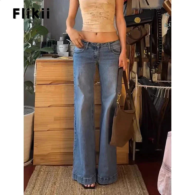 Womens Retro Washed Low Waisted Flared Jeans Chic Casual Wideleg Pants Female Sexy Denim Bellbottoms Trousers Y2K Z260313