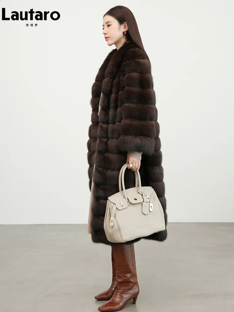 Lautaro Autumn Winter Elegant Chic Long Thick Warm Faux Sable Fur Coat Women Shawl Collar High Quality Fluffy Overcoat 250823