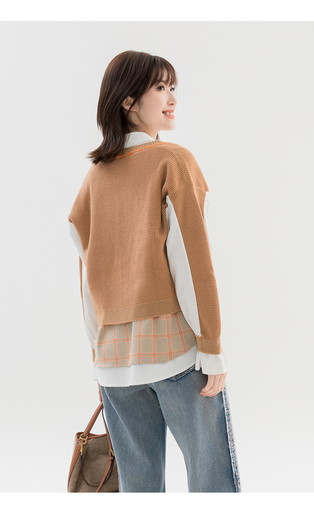 Women's Autumn Knit Patchwork Shirt with Color Block Design - Loose Fit Long Sleeves - S32523