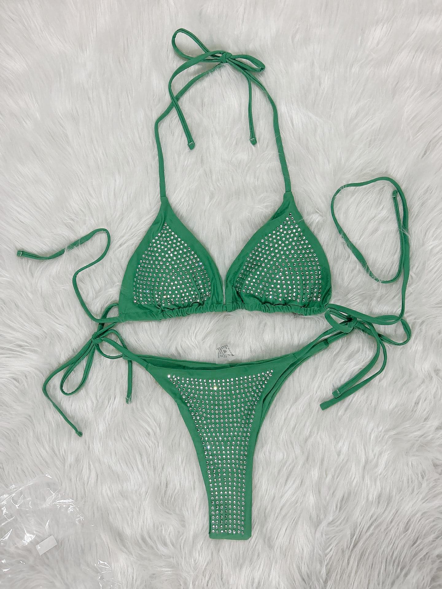 Sexy Rhinestone Bikini Two-piece Solid Color Tie Swimsuit Beach Vacation Womens Swimwear