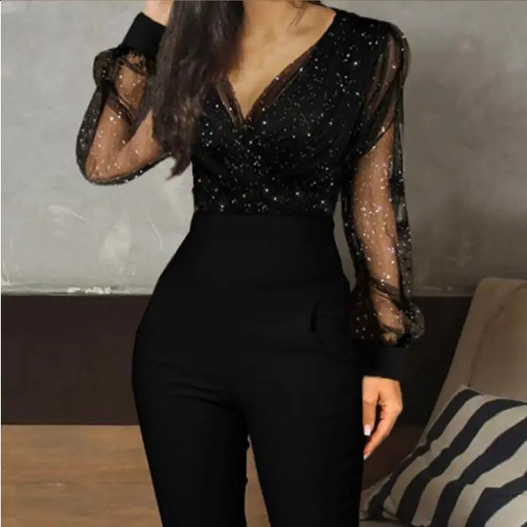 Black Womens Jumpsuit Elegant Sequins Mesh Glitter Party Night Sexy Summer Long Pants Rompers 250823