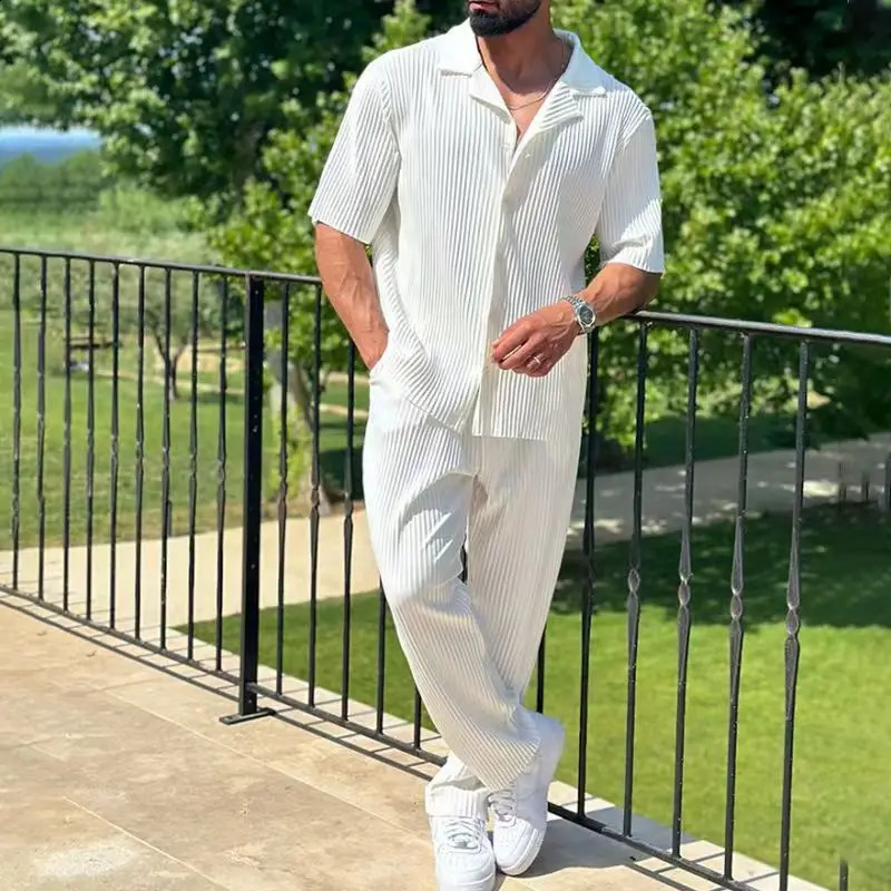 S3XL 4color summer casual fashion plain striped suit for men style complete shortsleeved trousers 250823