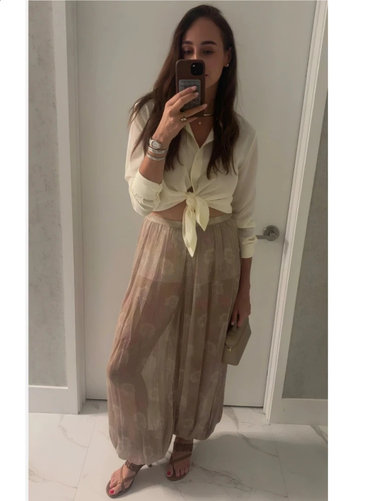 Women Floral Print See Though Wide Leg Trousers Summer Casual Pleated Loose Bloomers Female Holiday Beach Long Pants Z260314