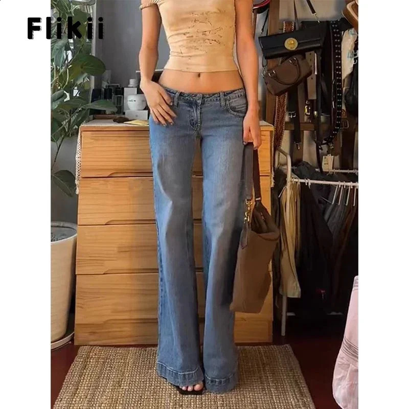 Womens Retro Washed Low Waisted Flared Jeans Chic Casual Wideleg Pants Female Sexy Denim Bellbottoms Trousers Y2K Z260313