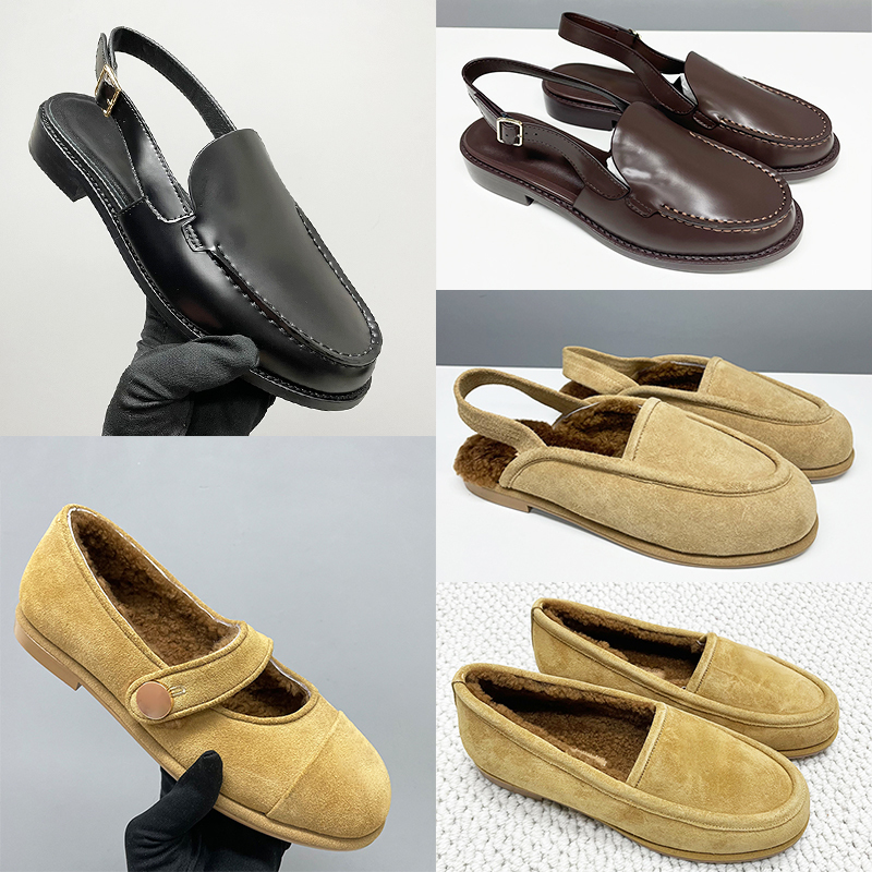 Luxury Slingback Shoes Leather Suede Loafers Women Ballet Flats Sling Back Wool Loafer Sandal Party Dress Shoes Fashion Casual Shoes 755