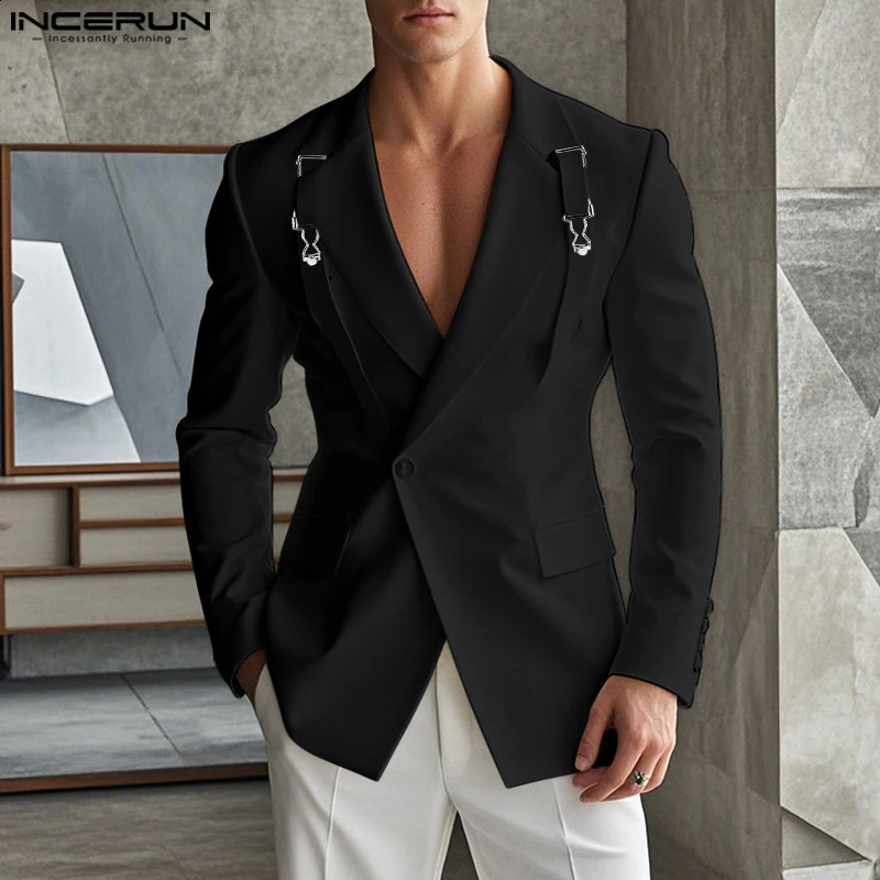 INCERUN Tops 2025 American Style Fashion Men Deconstruct Metal Buckle Suit Coat Casual Streetwear Male Solid Long Sleeved Blazer 250823