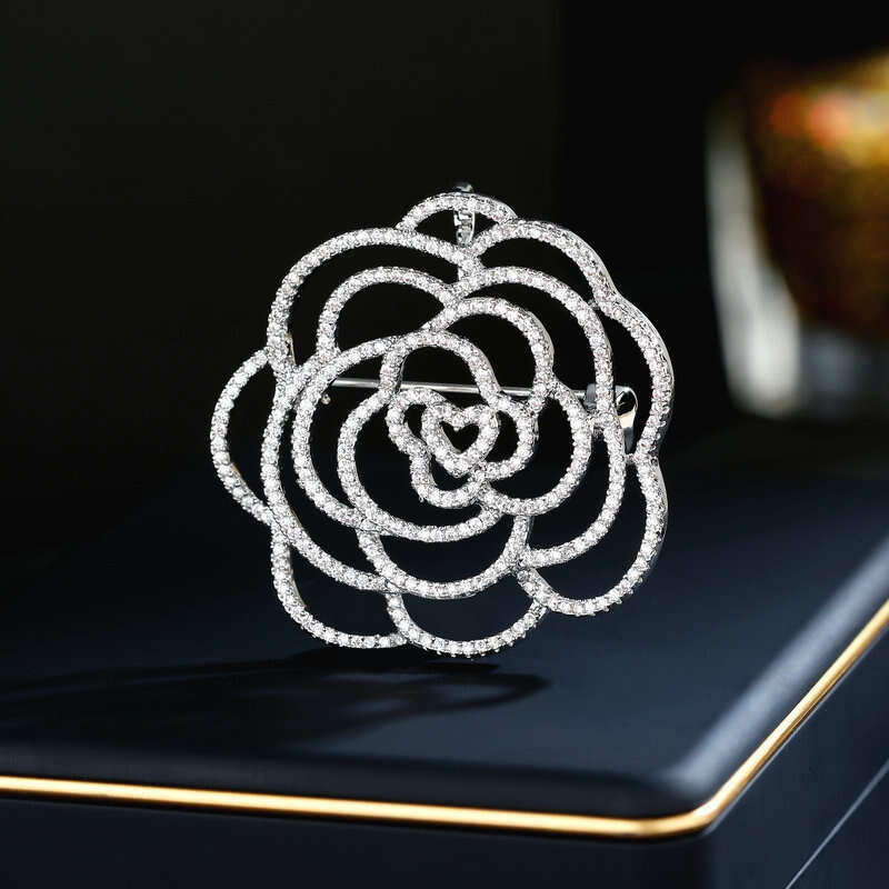 Hollow camellia Brooch Women Crystal Rhinestone Letters Brooches Suit Pin Fashion Jewelry Clothing Decoration Accessories