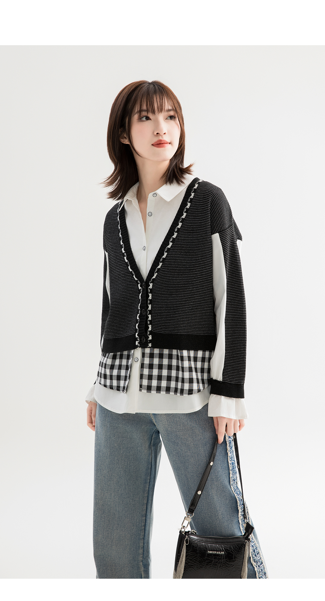 Women's Autumn Knit Patchwork Shirt with Color Block Design - Loose Fit Long Sleeves - S32523