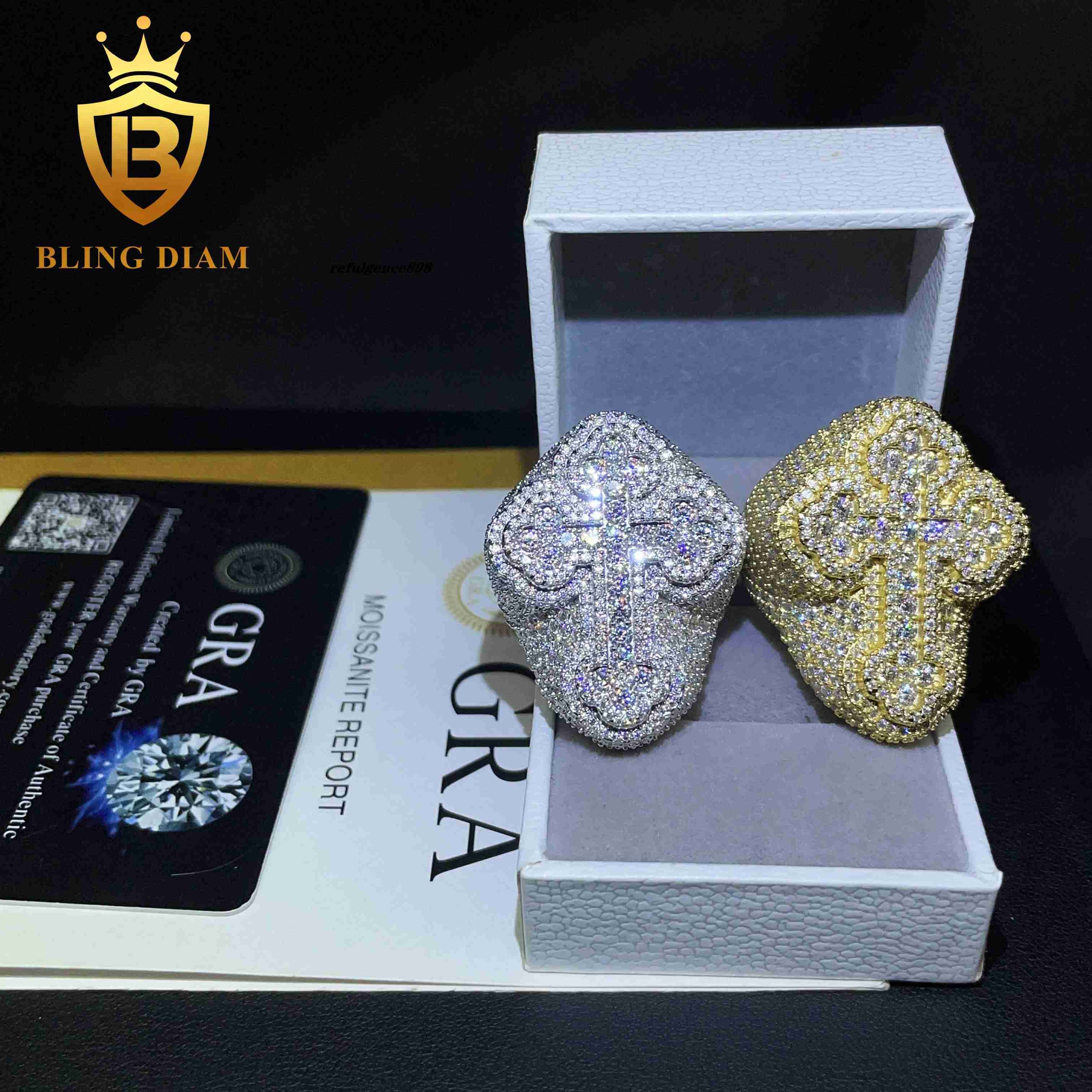 Fine Jewelry 925 Sterling Silver Gold Plated Iced Out VVS Diamond Cross Moissanite Hip Hop Ring for Men