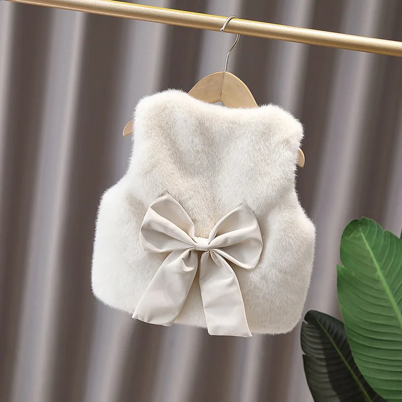 Girls Faux Fur Vest Autumn Winter Fashionable Bow Waistcoat Jackets Children Clothing Sweet Cotton Coats 2-12 Years 250823