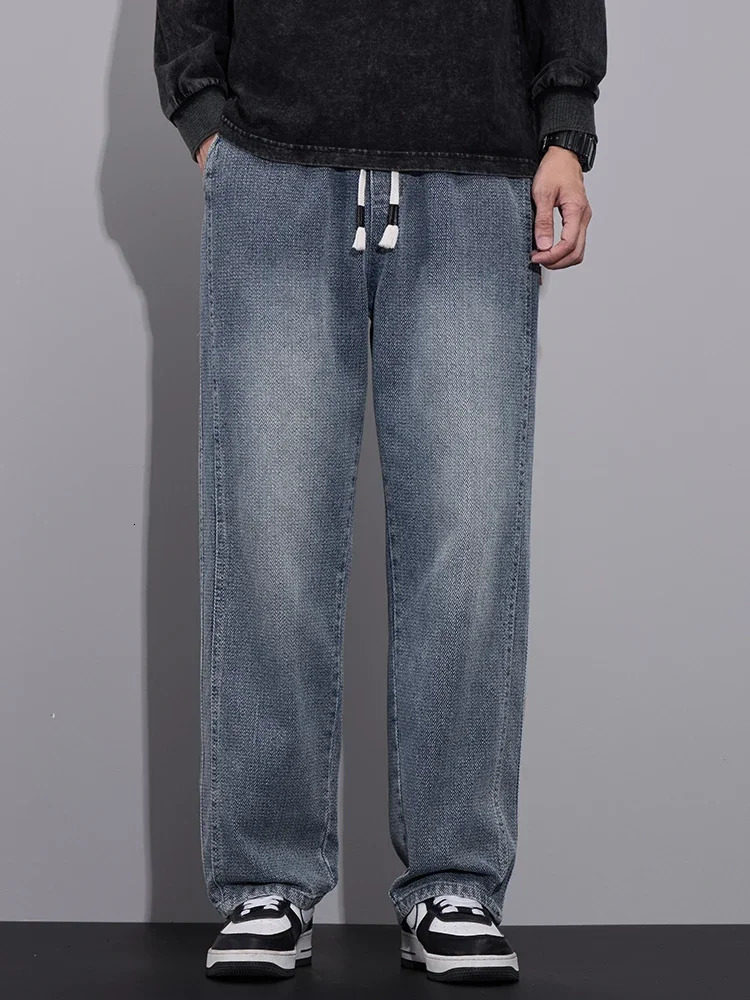 Spring Baggy Wide Leg Jeans Mens Elastic Waist Textured Fabric Jogging Pants Fashion Korean Streetwear Casual Loose Trousers 250819