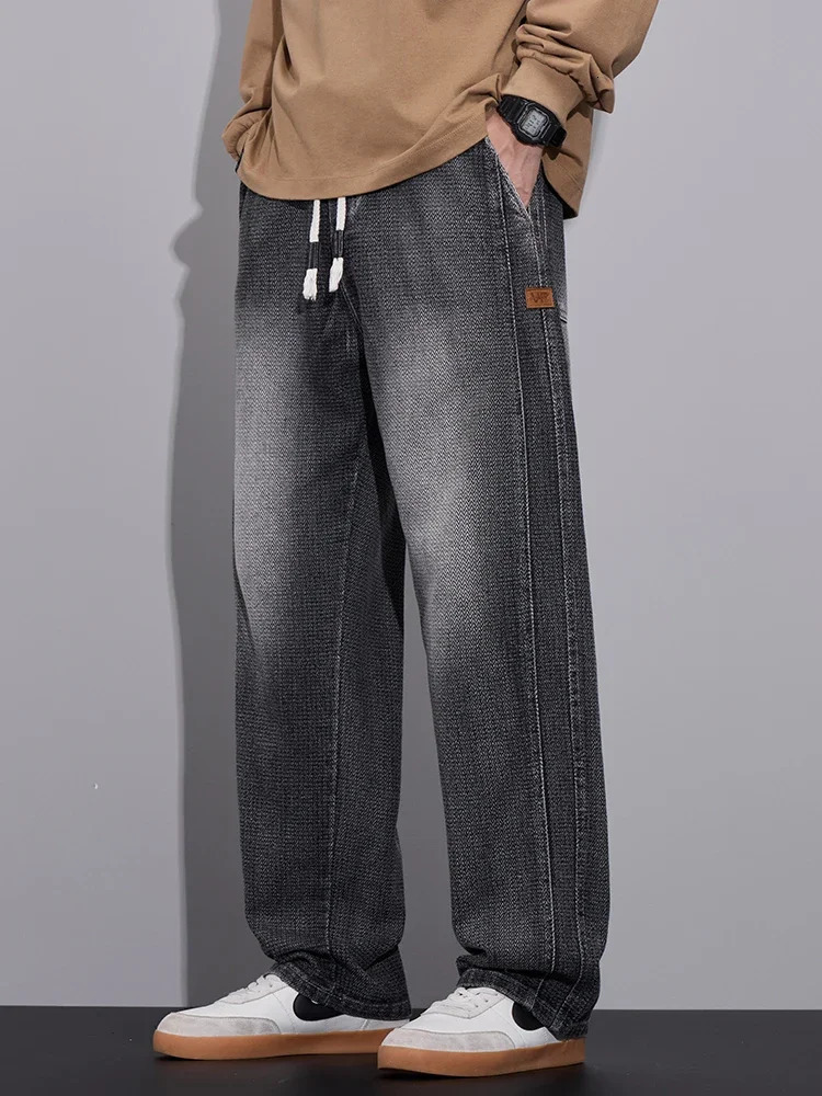 Spring Baggy Wide Leg Jeans Mens Elastic Waist Textured Fabric Jogging Pants Fashion Korean Streetwear Casual Loose Trousers 250819