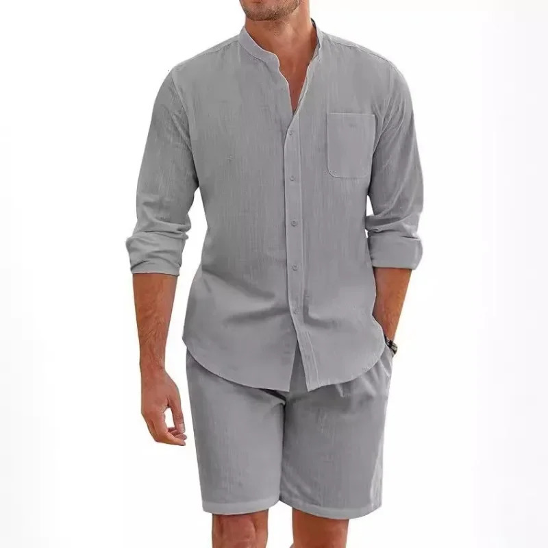Mens Two-piece Sets Cotton and Linen Comfortable Button Shirt Long Sleeve Shorts Cardigan Simple Casual Beachwear 250822