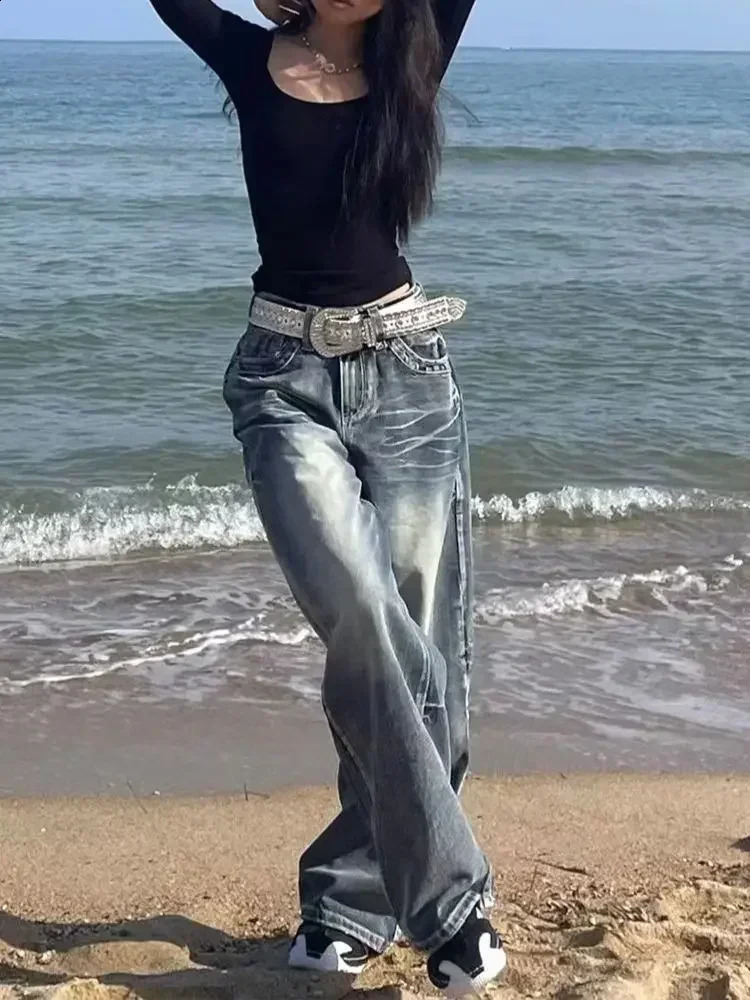 HOUZHOU Vintage Y2k Blue Jeans Women Baggy Washed Wide Leg Female Streetwear Harajuku Korean Fashion Denim Trousers Grunge Z260313