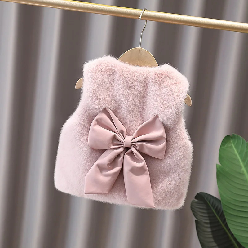 Girls Faux Fur Vest Autumn Winter Fashionable Bow Waistcoat Jackets Children Clothing Sweet Cotton Coats 2-12 Years 250823