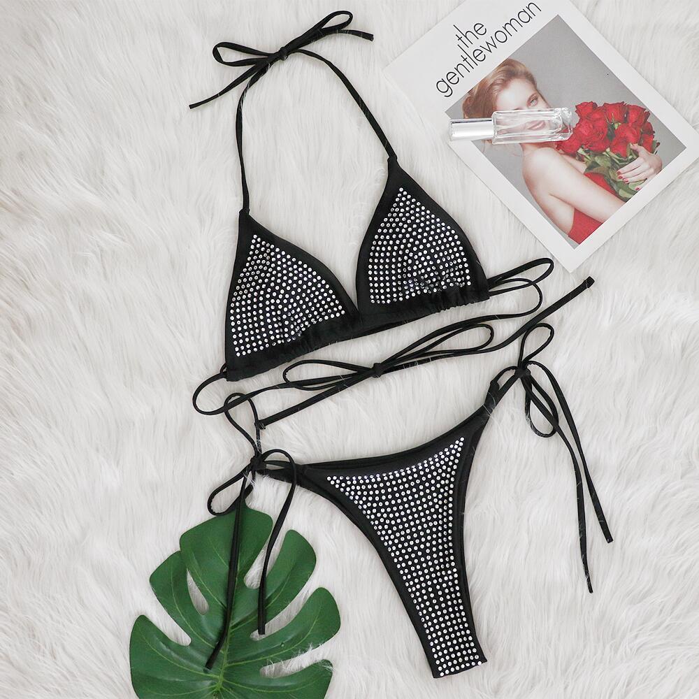Sexy Rhinestone Bikini Two-piece Solid Color Tie Swimsuit Beach Vacation Womens Swimwear