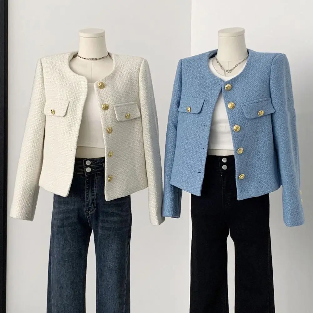 Round Neck Jacket Stylish Singlebreasted Womens Coat for Fall Spring Long Sleeves Cardigan in Solid Color Loose Fit Dating 250822