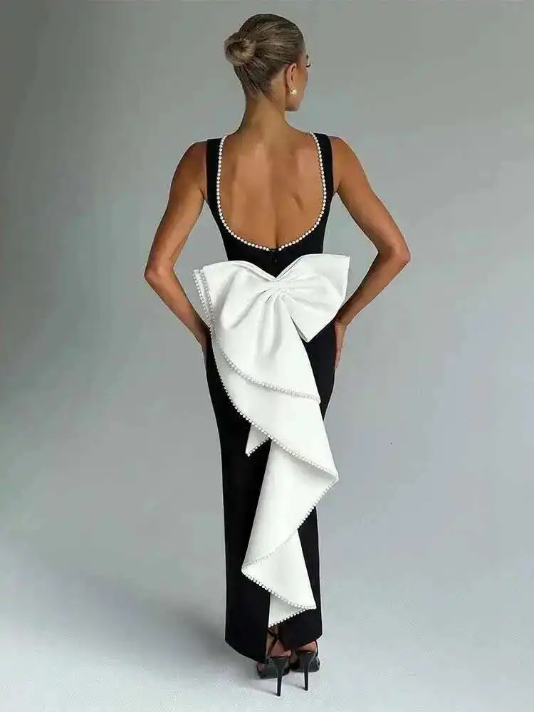 Townlike Pearl Bow Backless Nightclub Sexy Party Dress Women 2025 Spring Summer Dress Maxi Long Slim Bodycon Dresses 250822