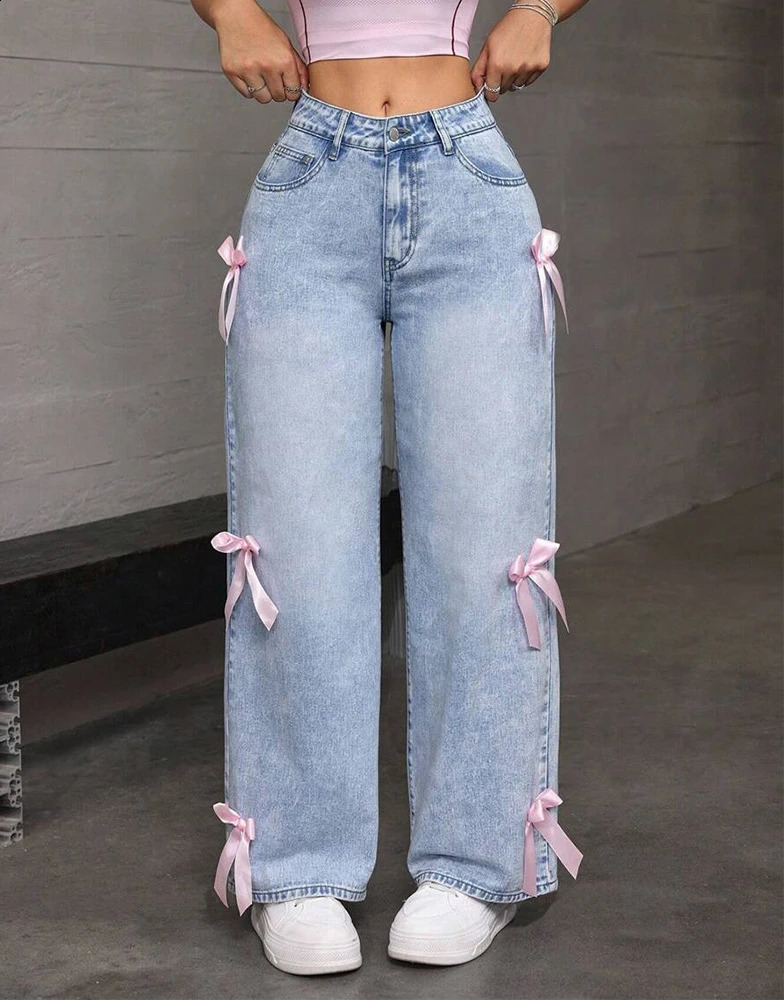 Women Jeans Wide Leg Pants Bow Washed High Waist Strtwear Denims Distressed Vintage Straight Ankle Length Trousers Z260313