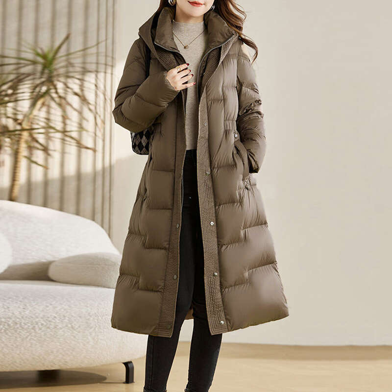 Over-the-Knee White Duck Down Jacket for Women, Long High-End Winter New Fashion Slim Waist Tie Slimming Warm Coat Trendy