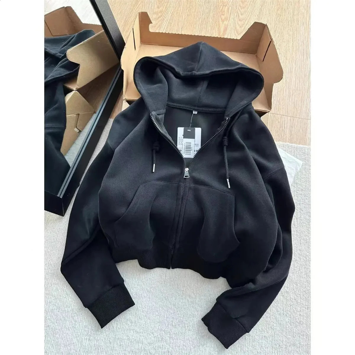 Early Autumn Chic Casual Hoodie Jackets Slim Fit Long Sleeve Cropped Top Zipup Warm Cardigan Korean Style Hooded Sweatshirt 250822