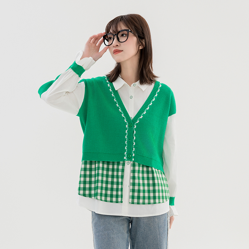 Women's Autumn Knit Patchwork Shirt with Color Block Design - Loose Fit Long Sleeves - S32523