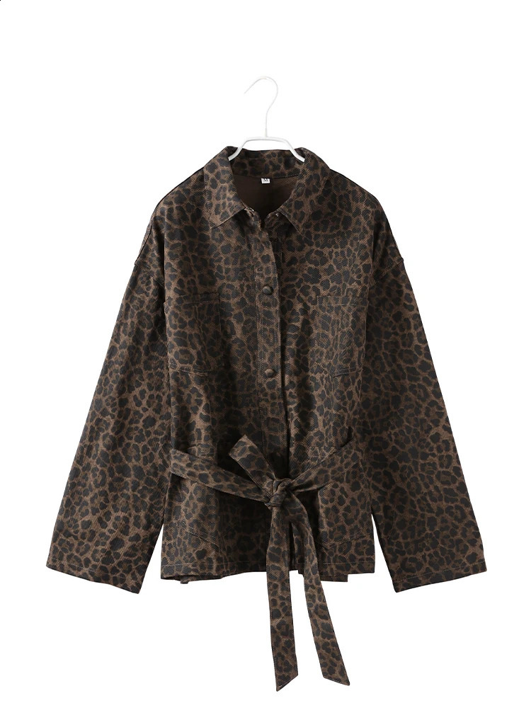 Leopard Print Jackets Women Casual Lapel Big Pockets Belt Coats Female 2025 Autumn High Street Lady Outwears 250823