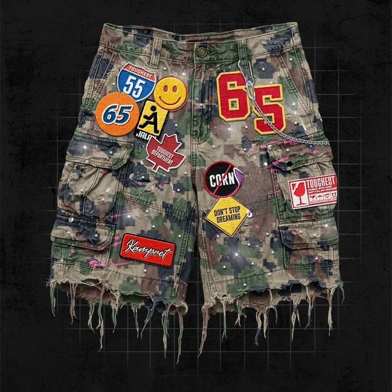 Retro Blue Streetwear Patchwork Denim Short Y2K Jeans Men Women Hip Hop Cartoon Graphics Loose Camo Fitness Casual Shorts 250822