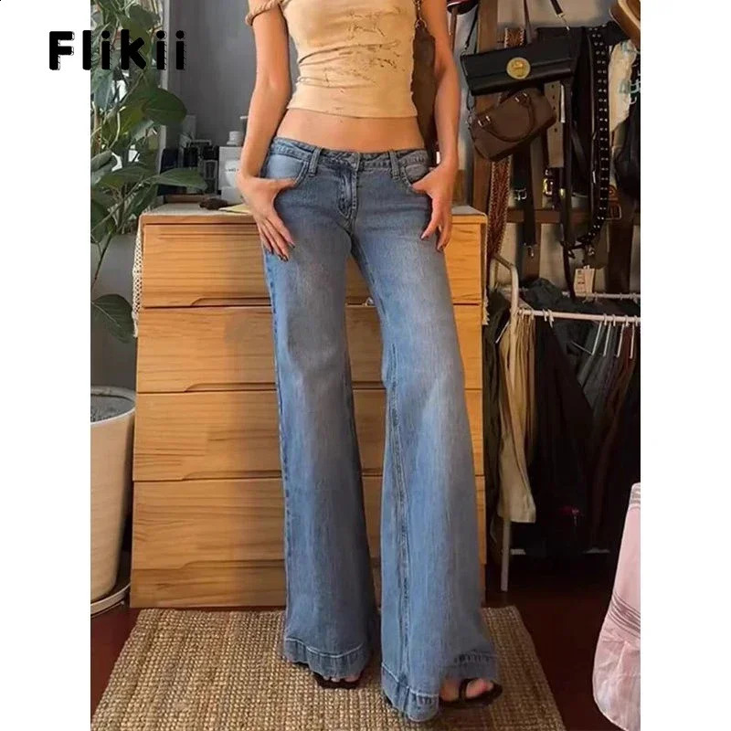 Womens Retro Washed Low Waisted Flared Jeans Chic Casual Wideleg Pants Female Sexy Denim Bellbottoms Trousers Y2K Z260313