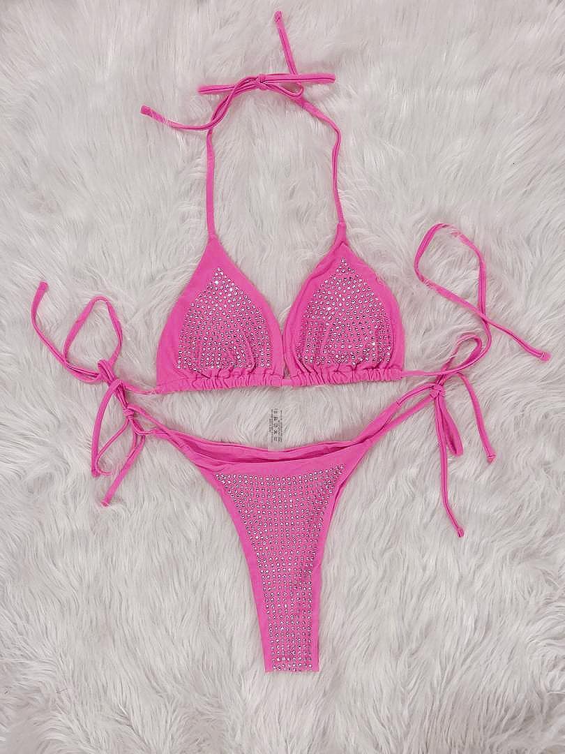 Sexy Rhinestone Bikini Two-piece Solid Color Tie Swimsuit Beach Vacation Womens Swimwear