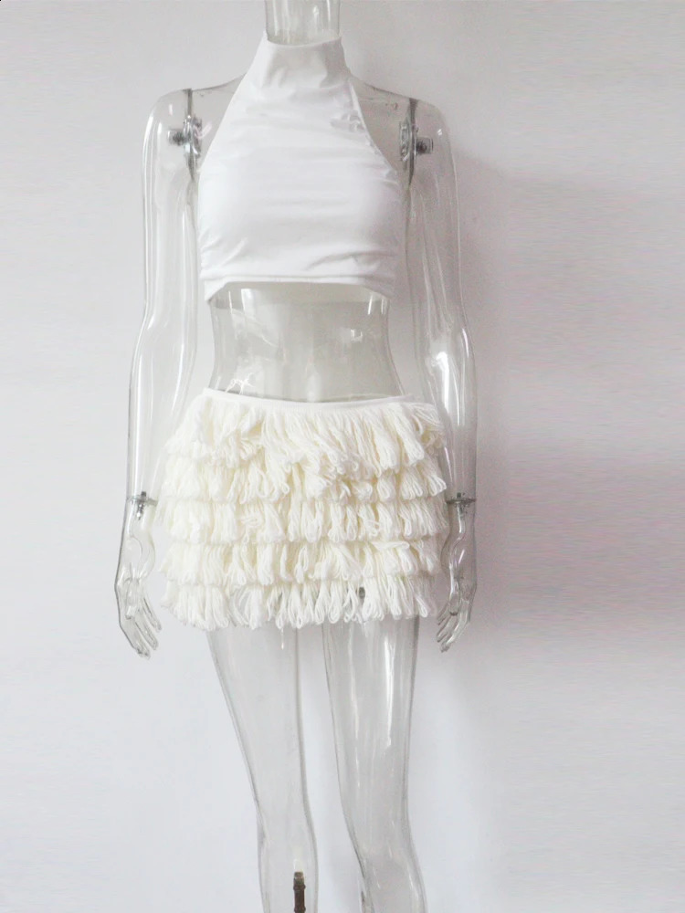 Beyprern Elegant Solid Turtleneck Knit Crop Top And Fringed Skirt Suits 2 Piece Holiday Outfits Womens Crochet Two-Piece Set 250823