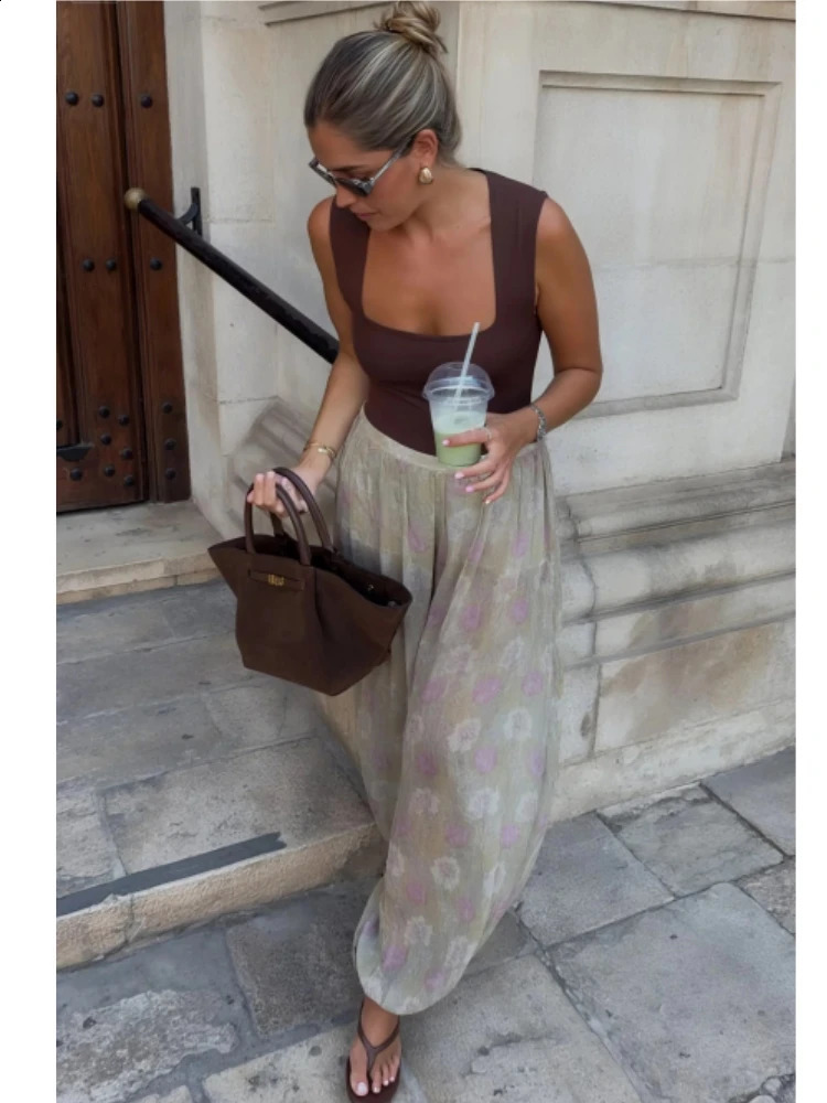 Women Floral Print See Though Wide Leg Trousers Summer Casual Pleated Loose Bloomers Female Holiday Beach Long Pants Z260314