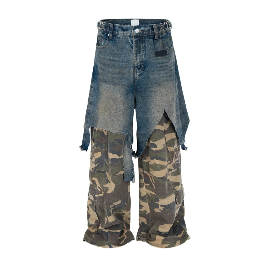 MIJKO Vintage Ripped Fake Two Pieces Patchwork Camouflage Cargo Pants for Men Distressed Baggy Jeans Wide Leg Loose Denim Trousers